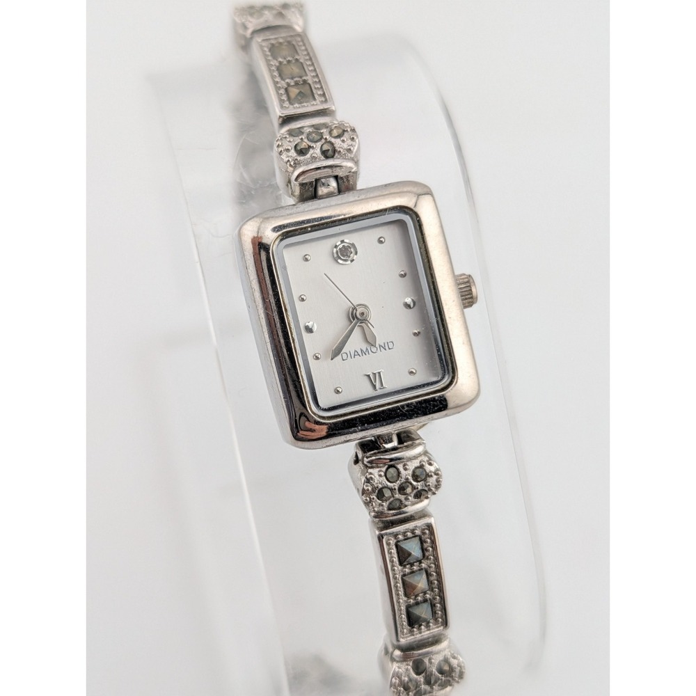 Women's Quartz Watch Diamond Dial 7" Silver Marcasite Band- New Battery